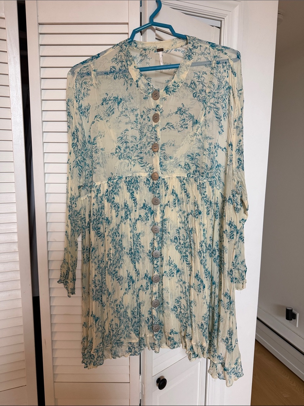 Free People Cream and Teal Floral Button-Front Tunic